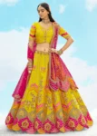 Mustard Yellow Fancy Silk Fibre Heavy Embroidered Bridal Lehenga Choli Set.