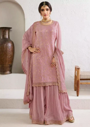 Sweet Lilac Chinon Floral Jacquard Jaal work Sharara Suit Set