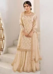 Cream Chinon Floral Jacquard Jaal work Sharara Suit Set.