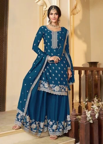 Blue Chinon Fabric with Thread Embroidery Sharara Suit Set.