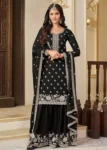 Black Chinon Fabric with Thread Embroidery Sharara Suit Set.