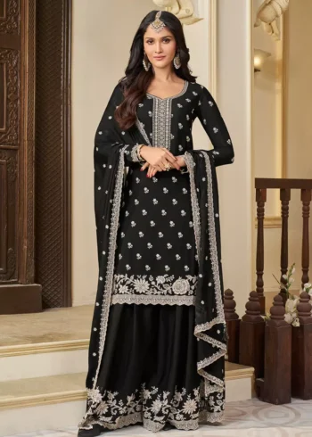 Black Chinon Fabric with Thread Embroidery Sharara Suit Set.