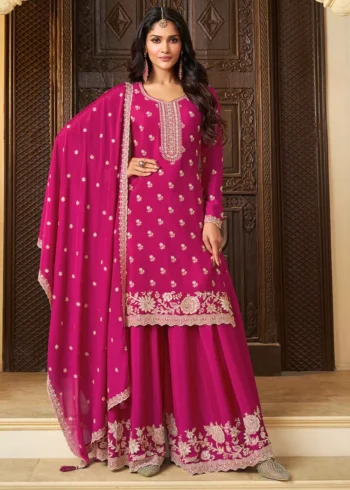 Pink Chinon Fabric with Thread Embroidery Sharara Suit Set.