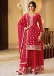 Red Chinon Fabric with Thread Embroidery Sharara Suit Set.