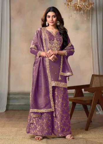 Purple Viscose Tissue Fabric with Pitta work Sharara Suit Set.