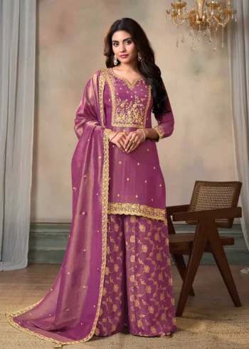 Pink Viscose Tissue Fabric with Pitta work Sharara Suit Set.