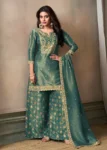 Seagreen Viscose Tissue Fabric with Pitta work Sharara Suit Set.