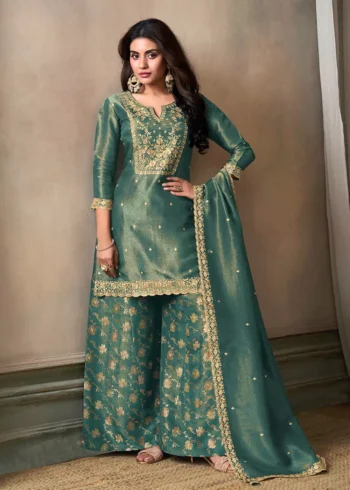 Seagreen Viscose Tissue Fabric with Pitta work Sharara Suit Set.
