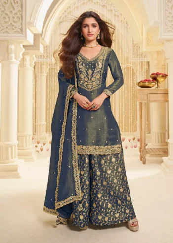 Blue Viscose Tissue Fabric with Pitta work Sharara Suit Set.