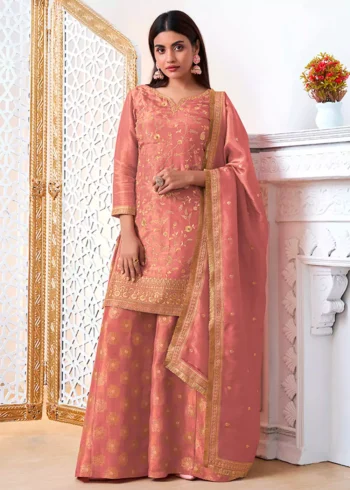 Peach Tissue Fabric with Pitta work Sharara Suit Set.