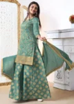 Turquoise Blue Tissue Fabric with Pitta work Sharara Suit Set.
