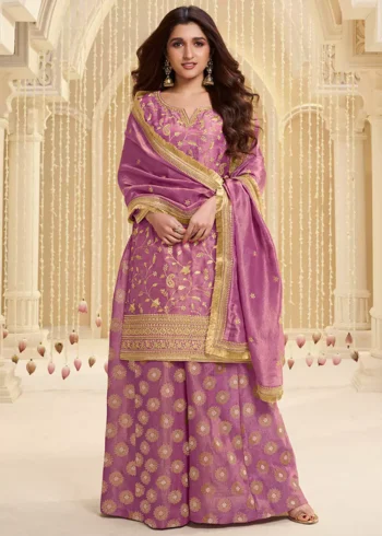 Lavender Tissue Fabric with Pitta work Sharara Suit Set.