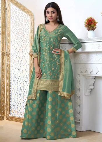 Limegreen Tissue Fabric with Pitta work Sharara Suit Set.