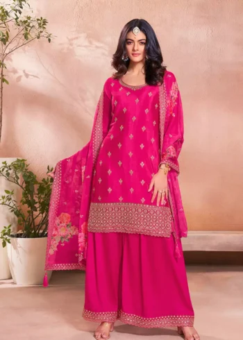 Pink Chinon Embroidered Sharara Set with Floral Sequins Work.