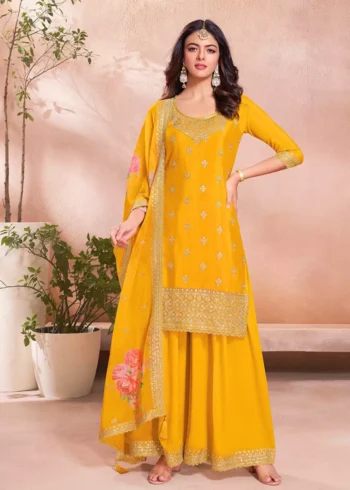 Yellow Chinon Embroidered Sharara Set with Floral Sequins Work.