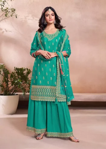 Teal Green Chinon Embroidered Sharara Set with Floral Sequins Work.