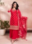 Red Chinon Embroidered Sharara Set with Floral Sequins Work.