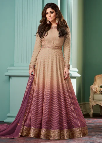 Beige & Wine Belt Premium Georgette Anarkali Style Gown.