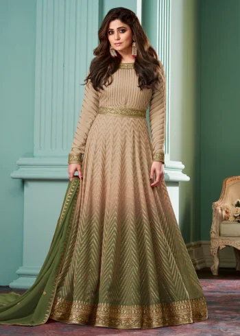 Beige & Green Belt Premium Georgette Anarkali Style Gown.