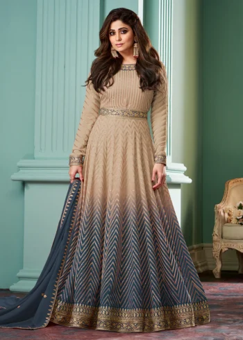 Beige & Blue Belt Premium Georgette Anarkali Style Gown.