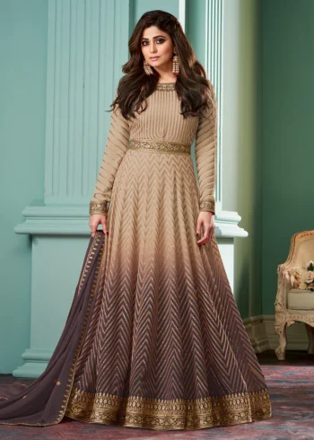 Beige & Brown Belt Premium Georgette Anarkali Style Gown.