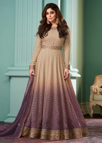 Beige & Purple Belt Premium Georgette Anarkali Style Gown.