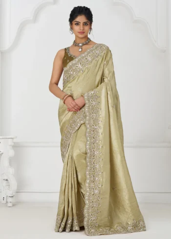 Chiku Beige Dola Silk Wedding Wear Saree with Beads & Sequin Work
