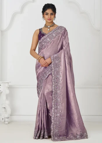 Dark Mauve Dola Silk Wedding Wear Saree with Beads & Sequin Work