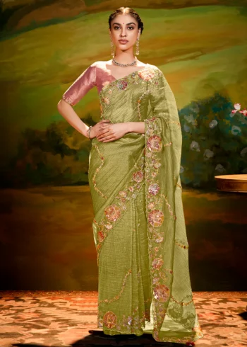 Pista Green Heavy Embroidered Fancy Fabric Designer Saree With contrast Blouse.