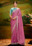 Onion Pink Heavy Embroidered Fancy Fabric Designer Saree With contrast Blouse.