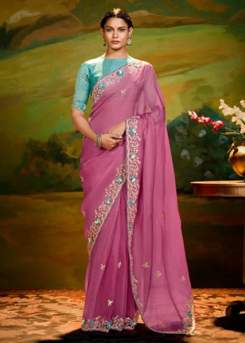 Onion Pink Heavy Embroidered Fancy Fabric Designer Saree With contrast Blouse.