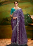 Purple Heavy Embroidered Fancy Fabric Designer Saree With contrast Blouse.