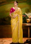Yellow Heavy Embroidered Fancy Fabric Designer Saree With contrast Blouse.