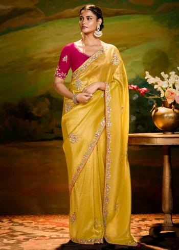 Yellow Heavy Embroidered Fancy Fabric Designer Saree With contrast Blouse.