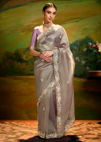 Dusty Grey Heavy Embroidered Fancy Fabric Designer Saree With contrast Blouse.