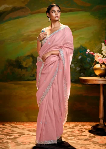 Coral Pink Heavy Embroidered Fancy Fabric Designer Saree With contrast Blouse.