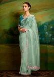 Sea Green Heavy Embroidered Fancy Fabric Designer Saree With contrast Blouse.