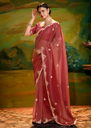 Maroon Heavy Embroidered Fancy Fabric Designer Saree With contrast Blouse.