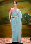 Sky Blue Heavy Embroidered Fancy Fabric Designer Saree With contrast Blouse.