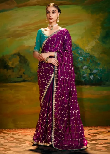 Magenta Purple Heavy Embroidered Fancy Fabric Designer Saree With contrast Blouse.