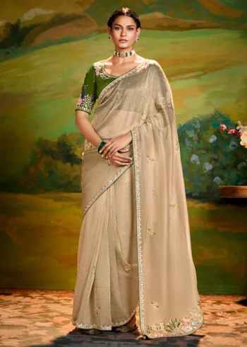 Cream Heavy Embroidered Fancy Fabric Designer Saree With contrast Blouse.