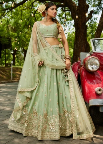 Limegreen Chiffon Fabric Sequinse embroidery Semi-Stitched Lehenga choli.