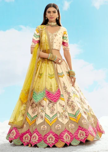 Cream Fancy Silk Fibre Heavy Embroidered Bridal Lehenga Choli Set.