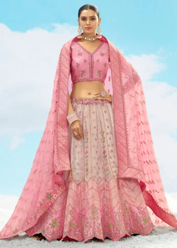 Pink Fancy Silk Fibre Heavy Embroidered Bridal Lehenga Choli Set.