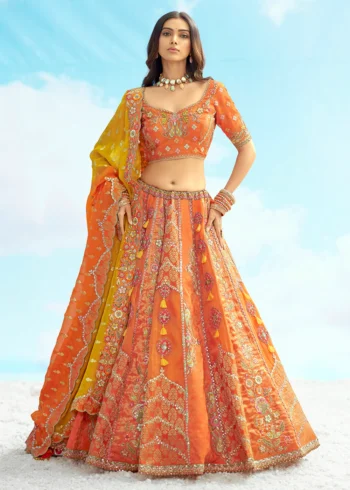 Orange Fancy Silk Fibre Heavy Embroidered Bridal Lehenga Choli Set.