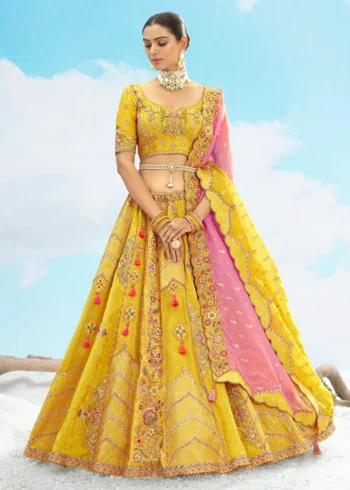 Lime Yellow Fancy Silk Fibre Heavy Embroidered Bridal Lehenga Choli Set.
