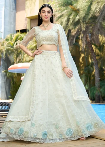 White Pure Organza Fabric Heavy embroidery Work Semi-Stitched Lehenga choli.