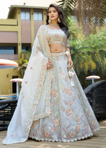 Light Grey Silk Fabric Heavy embroidery Work Semi-Stitched Lehenga choli.