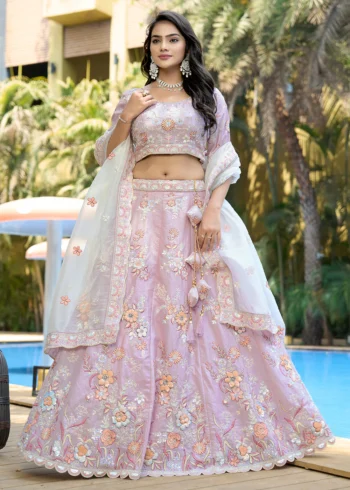 Purple Silk Fabric Heavy embroidery Work Semi-Stitched Lehenga choli.