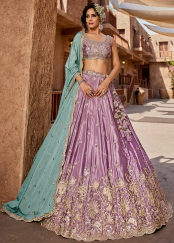 Lavender Satin Silk Sequinse embroidered Wedding Semi-Stitched Lehenga choli.